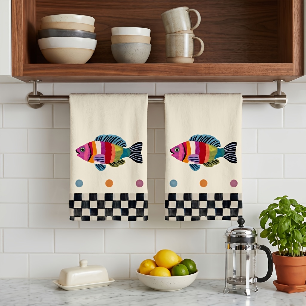 TEMU 2pcs Cute Colorful Fish Pattern Microfiber Kitchen Towels, Ultra Absorbent Dish Towels For Drying, Tea Towels, Soft Tea Towels For Kitchen