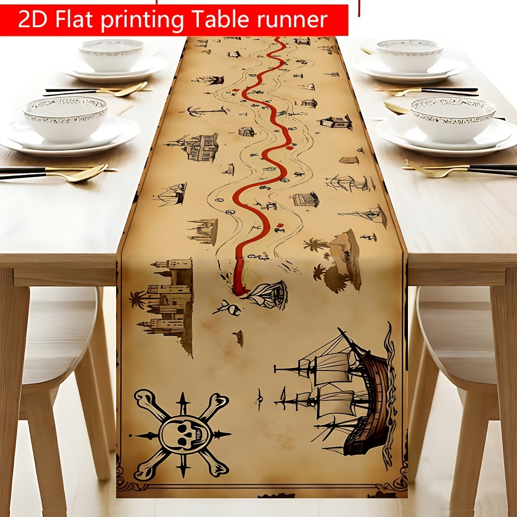 TEMU 1pc Runner - Pirate-themed Suitable For Dining Tables, Coffee Tables, Decor, Rectangular Polyester Fiber With Treasure Chart For Themed Parties,