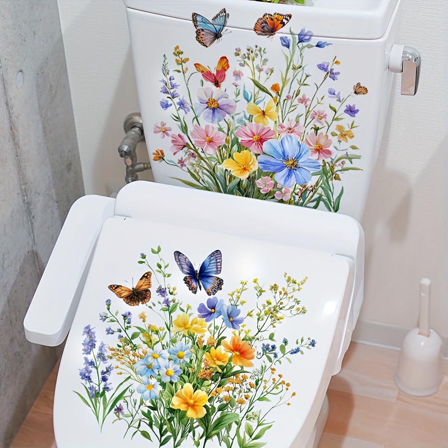 2pcs Colorful Floral Toilet Stickers, Self-adhesive Bathroom Decals For Creative Bathroom Decor