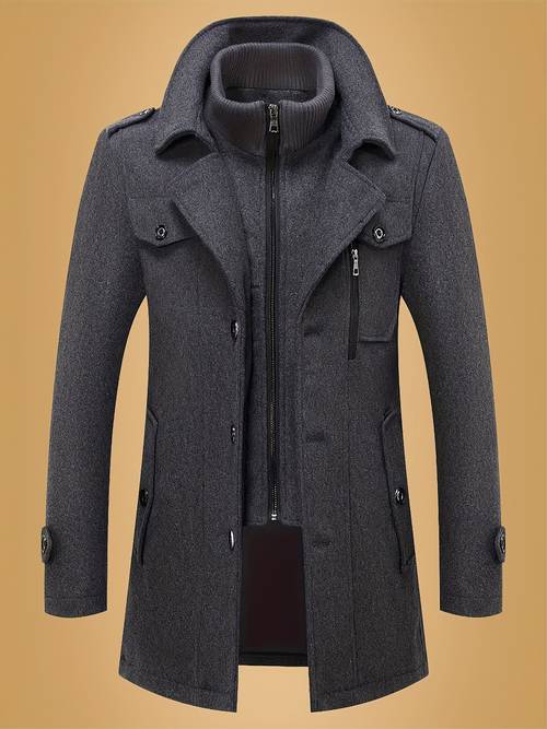 mens fit tweed tweed coat double breasted notch lapel long sleeve solid black business or casual wear fall winter outerwear design