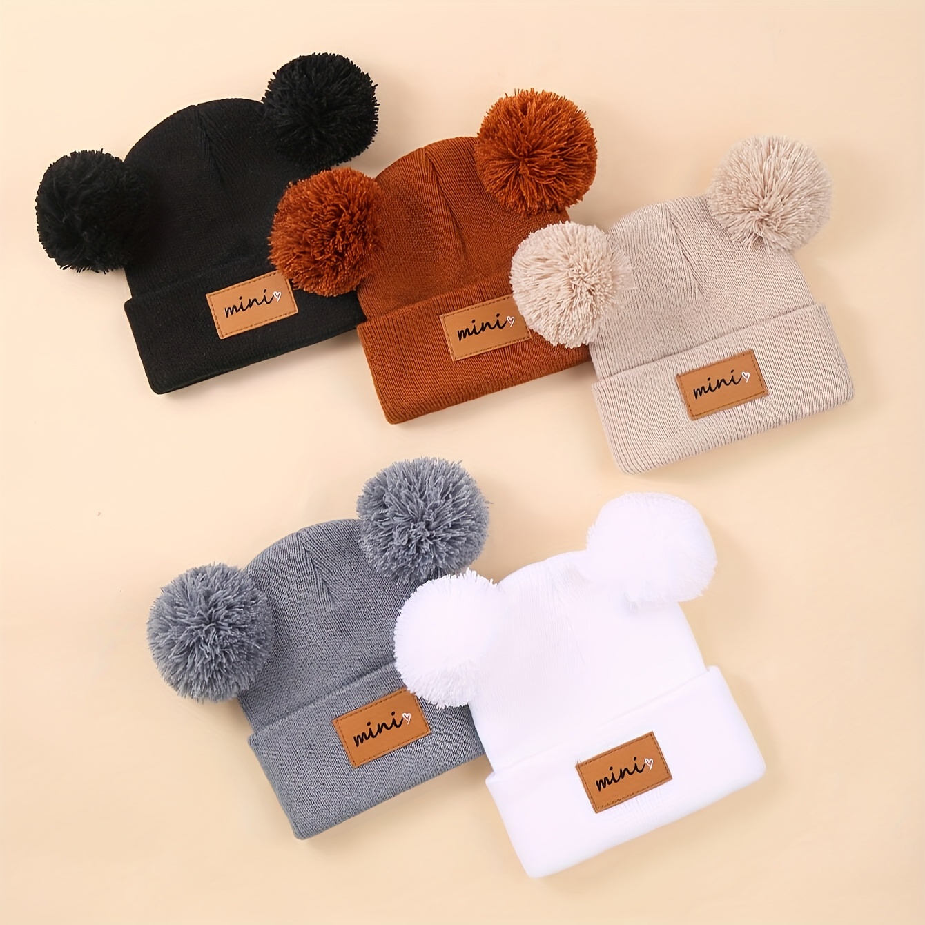 5pcs Mini Leather Label Double Thread Ball Knitting Beanie Set