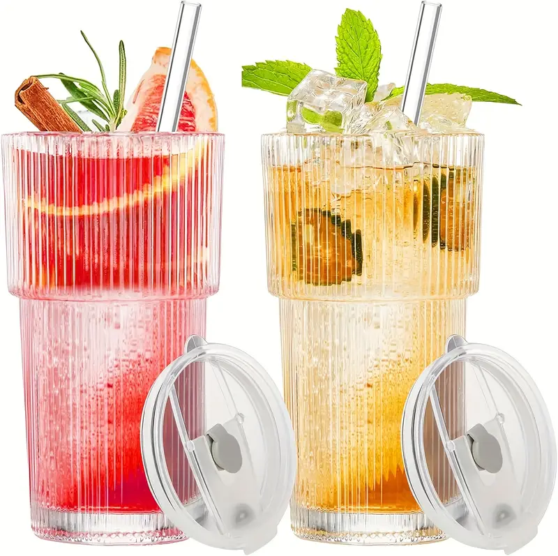 2pcs ribbed glass cups with lids straws 20oz reusable cleaning brushes for iced coffee juice smoothies non slip dishwasher safe home office parties party supplies ribbed texture cup durable glass cup Product details 7