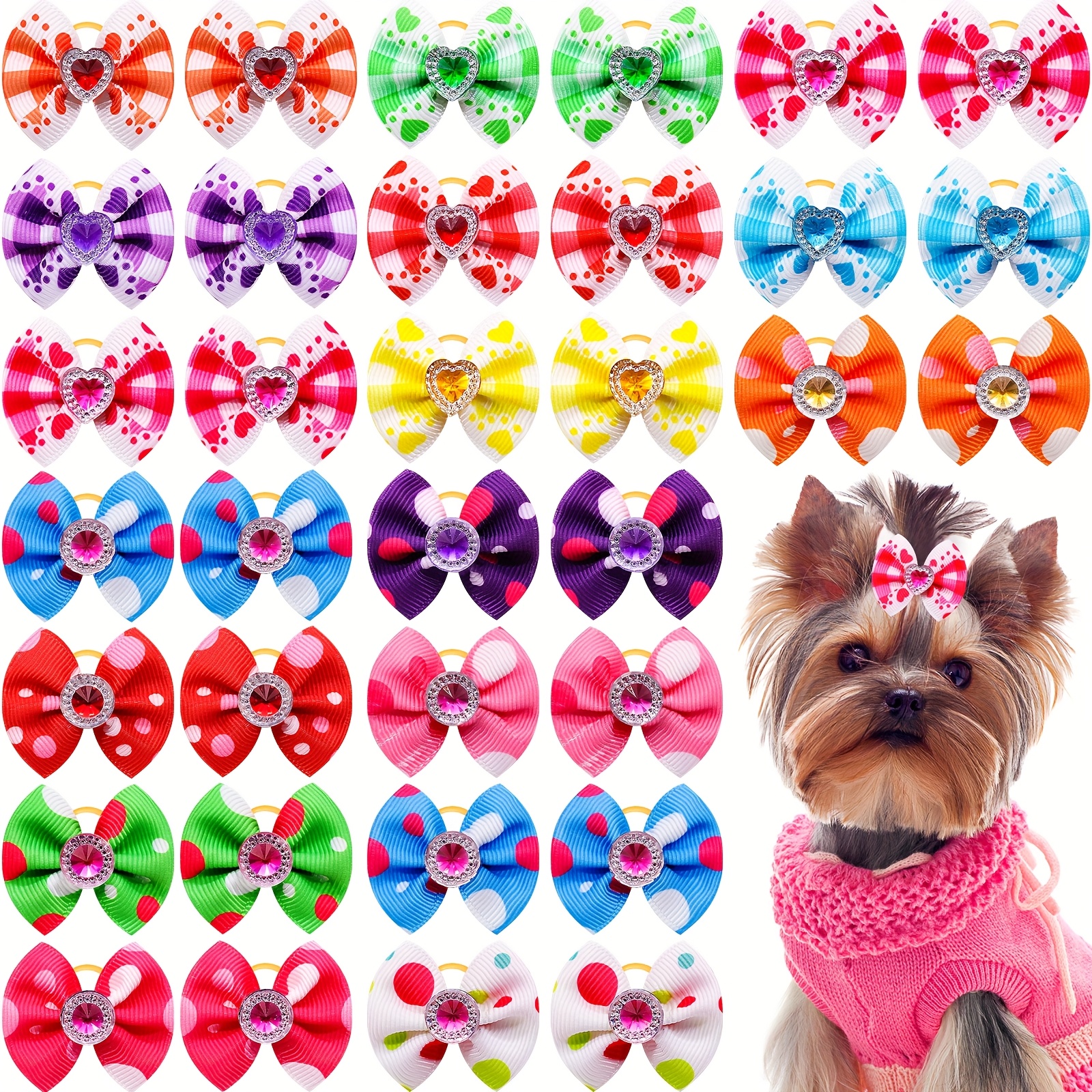 TEMU 60pcs Cute Dog Bows With Rubber Bands - Colorful Heart, Polka Dot & Floral Patterns, Assorted Sizes For Small Puppies, Grooming Accessories For