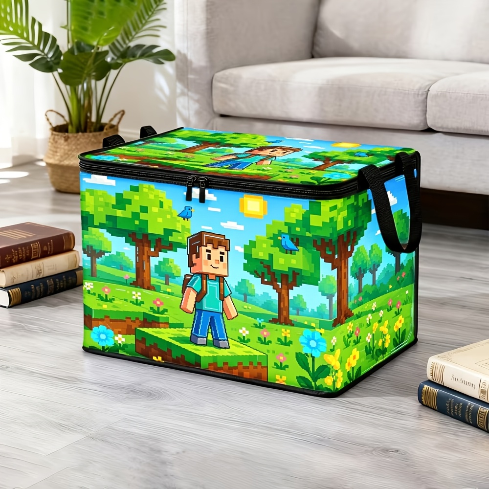 TEMU 1pc Pixel Style Forest 2d Flat Print Foldable Storage Box With Zipper And Sturdy Handle, Organizer For Clothes, Pants, And Bed Sheets, Ideal For