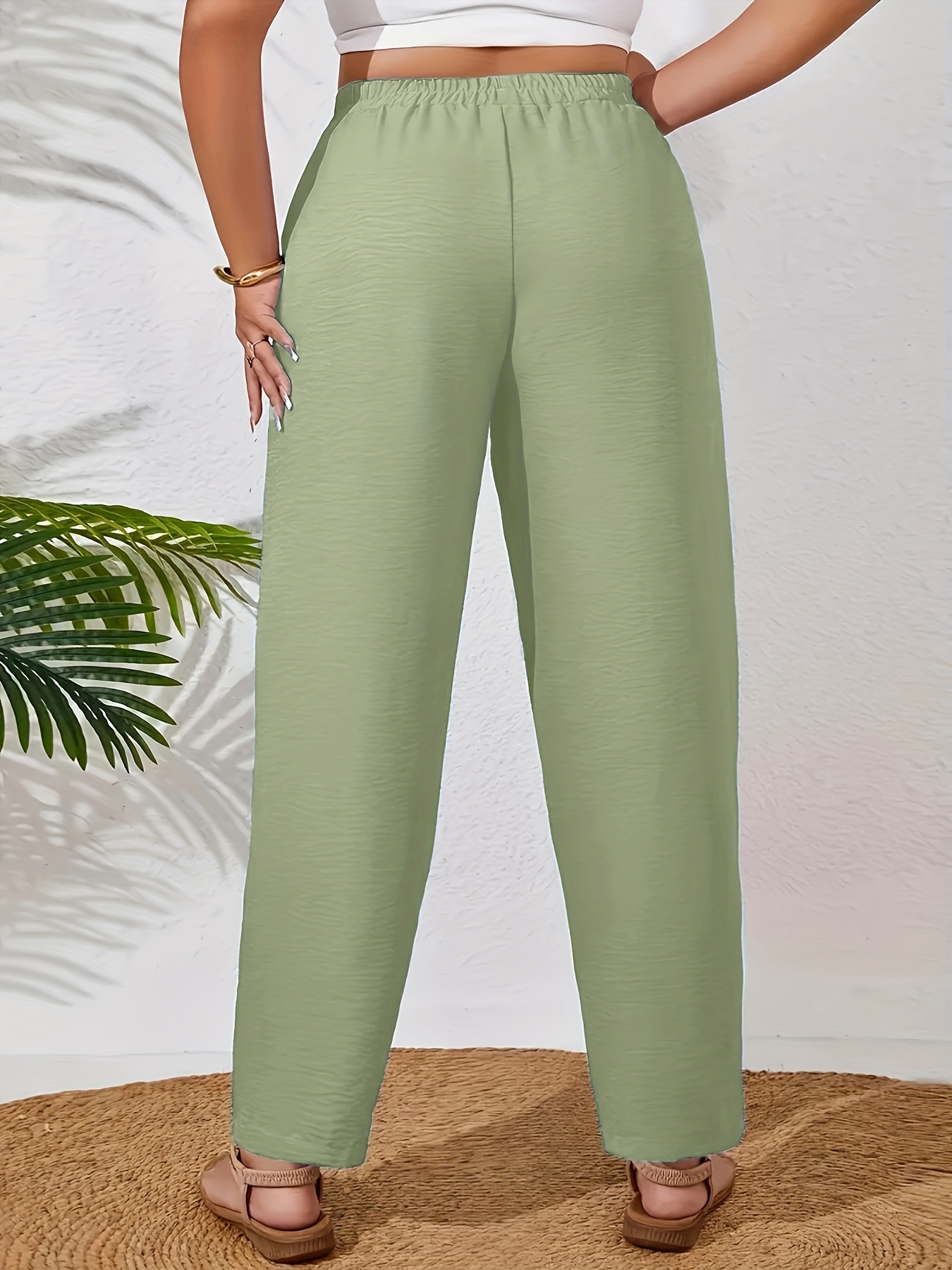 Plus Size - Women'S Plus Size Elegant Solid Color Wide-Leg Pants - Non-Stretch Fabric, All-Season Casual Trousers with Pockets, Brown, Comfortable Footwear, Stylish Accessory, Durable Fabric