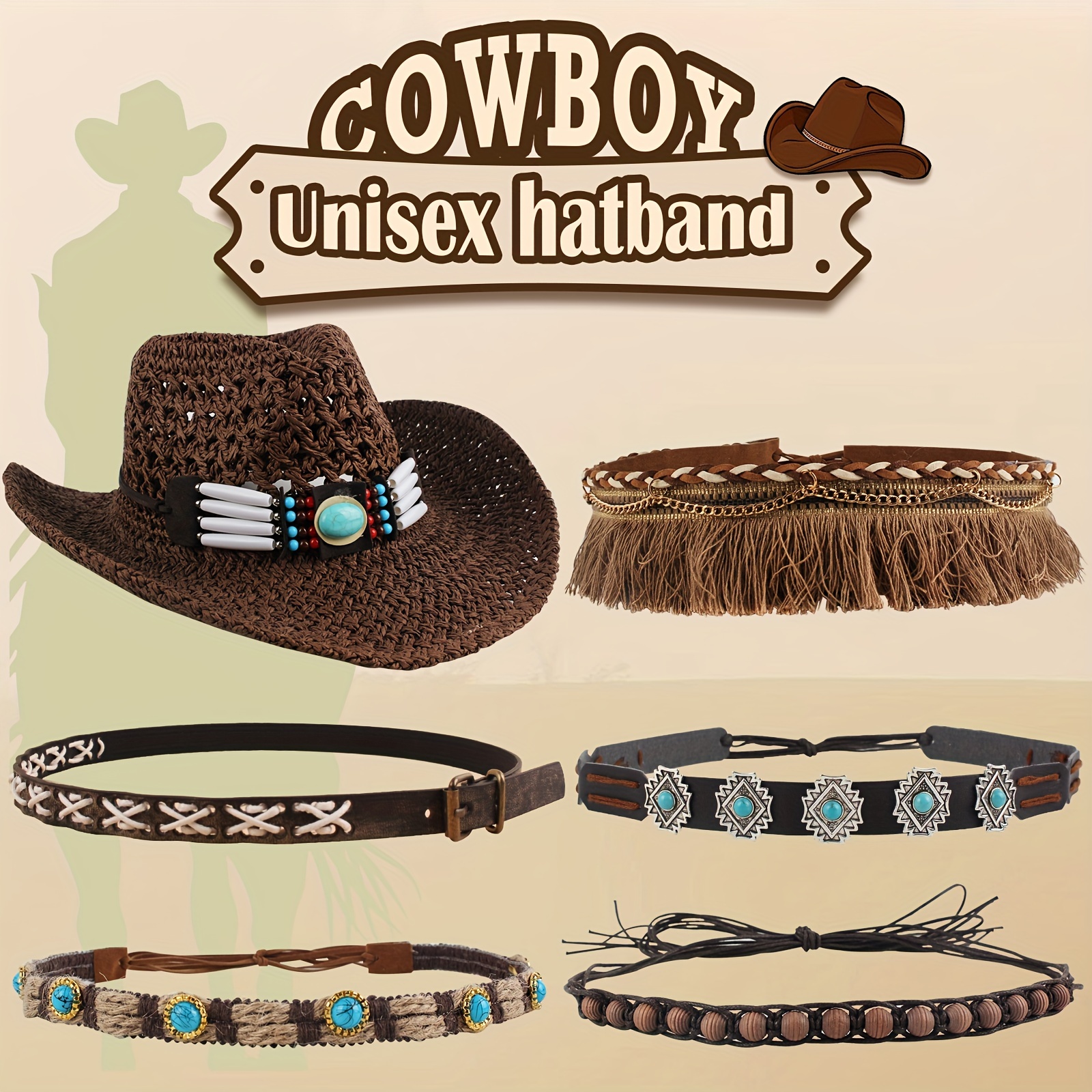 

6 Styles Pu Leather Cowboy Hatband With Beads, Adjustable Western Hat Accessory For & Movie Themes, Inelastic Drawstring Closure - Unisex Hat Decor