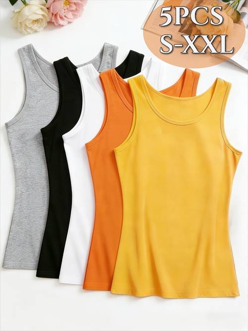 imagen del artículo juego de 5 camisetas básicas sin para mujer - blusas elásticas, y transpirables, camisetas interiores multicolor de cuello adecuadas para superponer, tallas s-xxl con colores neutros surtidos y de /verano, ropa no casual