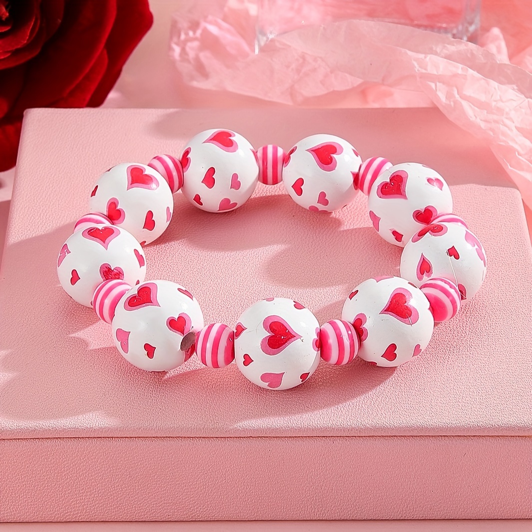 Valentine's Heart Shaped Beaded Elastic Bracelet for Women