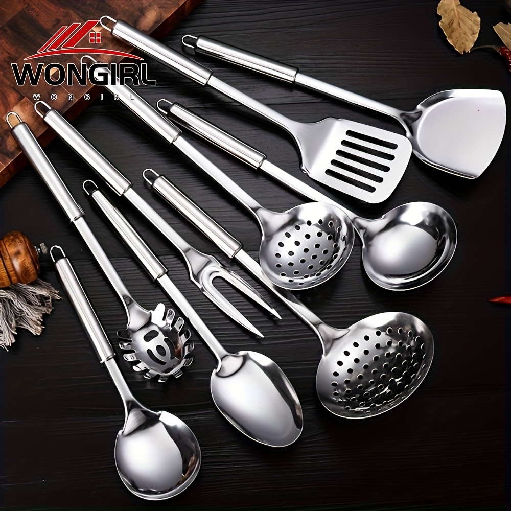 

9pcs Wongirl Stainless Steel Kitchen Utensil Set - Ergonomic, Rust-resistant Cooking & Serving Tools For Home, Restaurant, Hotel & Catering - Perfect Gift