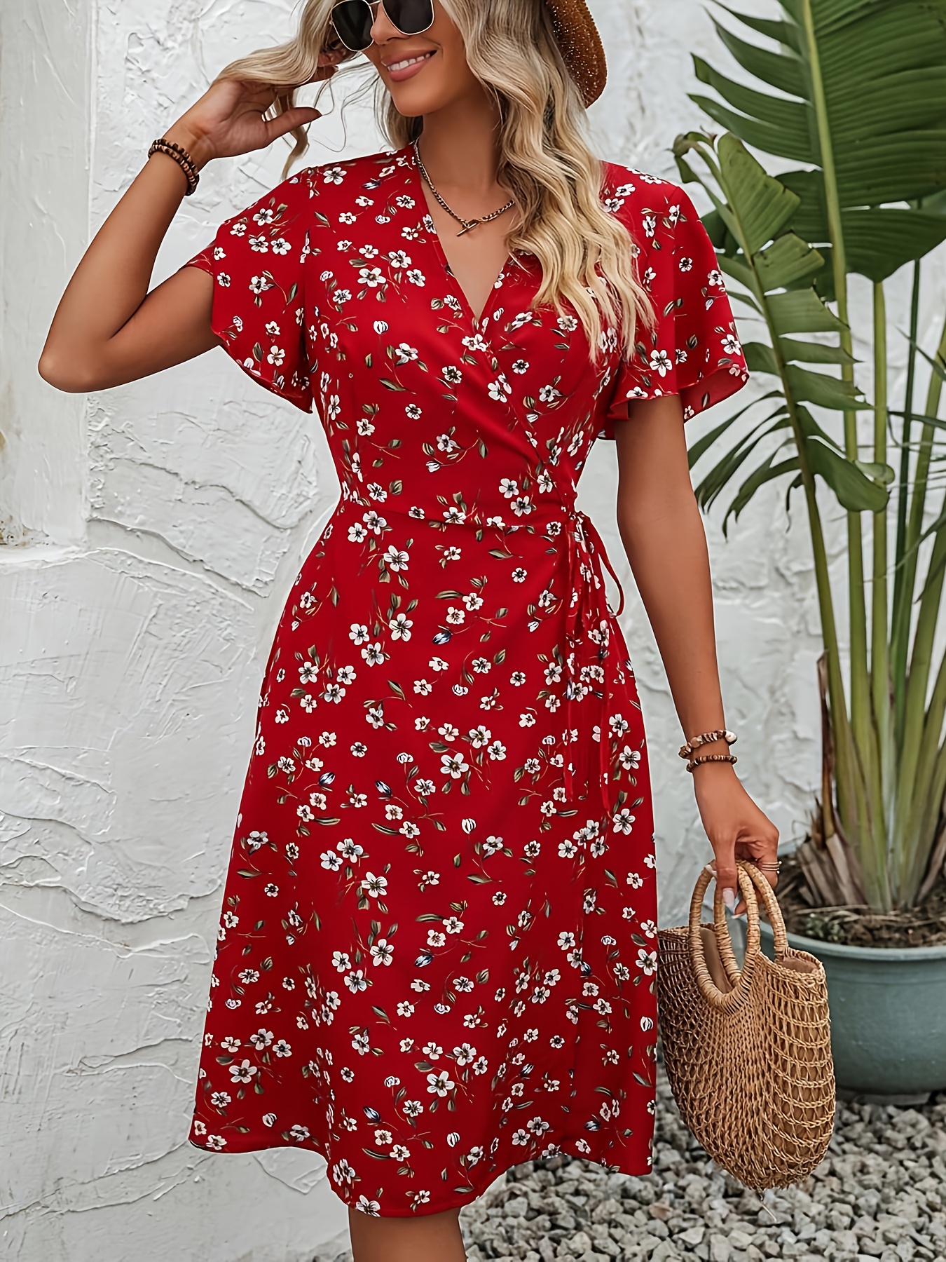 open lace back dress Red arlesienne floral print midi wrap dress – Gabin main image 1
