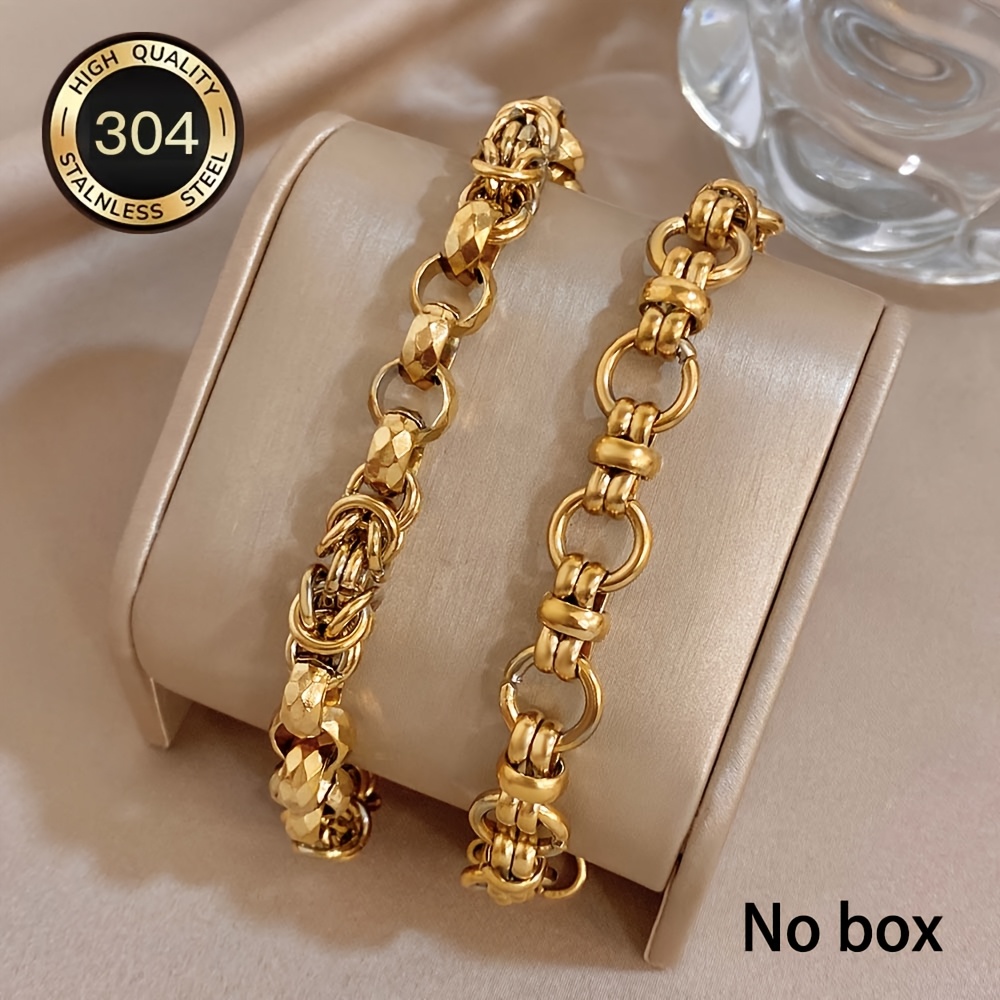 TEMU 2pcs Golden Plated Chunky Chain Jewelry Set, Stainless Steel Byzantine Style Bracelet, Hypoallergenic Non-tarnish Vintage Statement Jewelry For