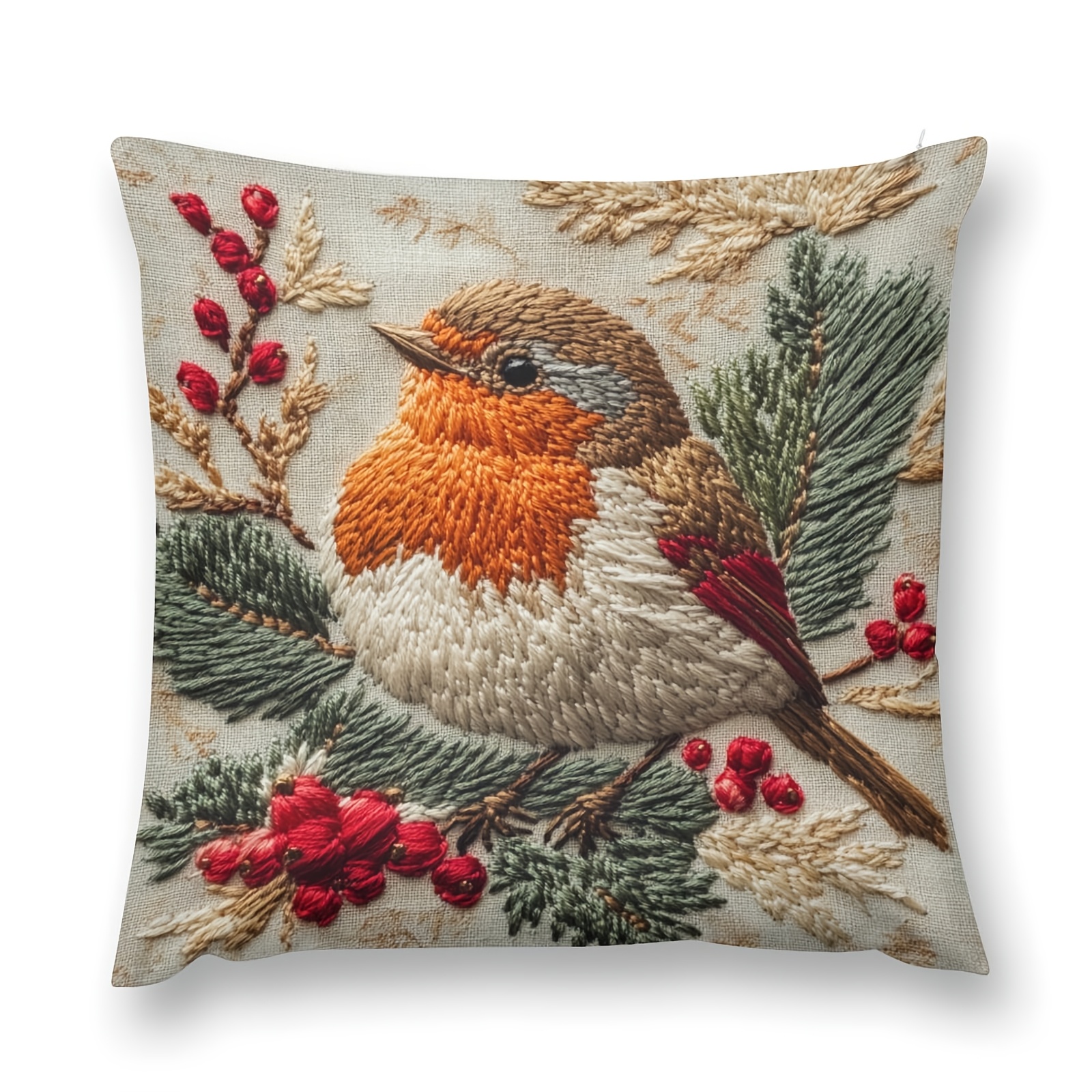 

1pc Contemporary Christmas Bird Embroidered Short Plush Pillow Cover, 18x18in, Machine Washable, Zippered Polyester Decorative Cushion Case For Home, Sofa, Bed, Car - Seasonal Room Accent (no Insert)