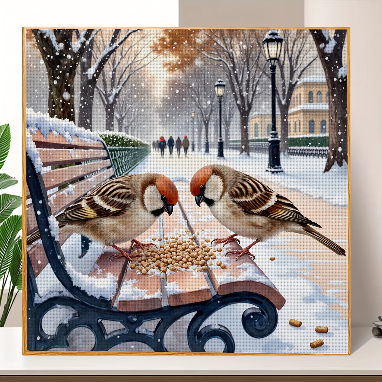 TEMU 1pc Beginner-friendly And Easy-to-use Cross- Embroidery Kit, "birds Foraging In The Snow" Design, A Cozy Little Pattern For The Bedroom,