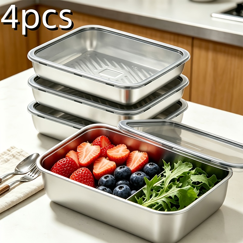 TEMU Lot de 4 plateaux de rangement empilables en acier inoxydable pour raviolis de 8,66 po * 5,91 po avec couvercles , contenants réutilisables de