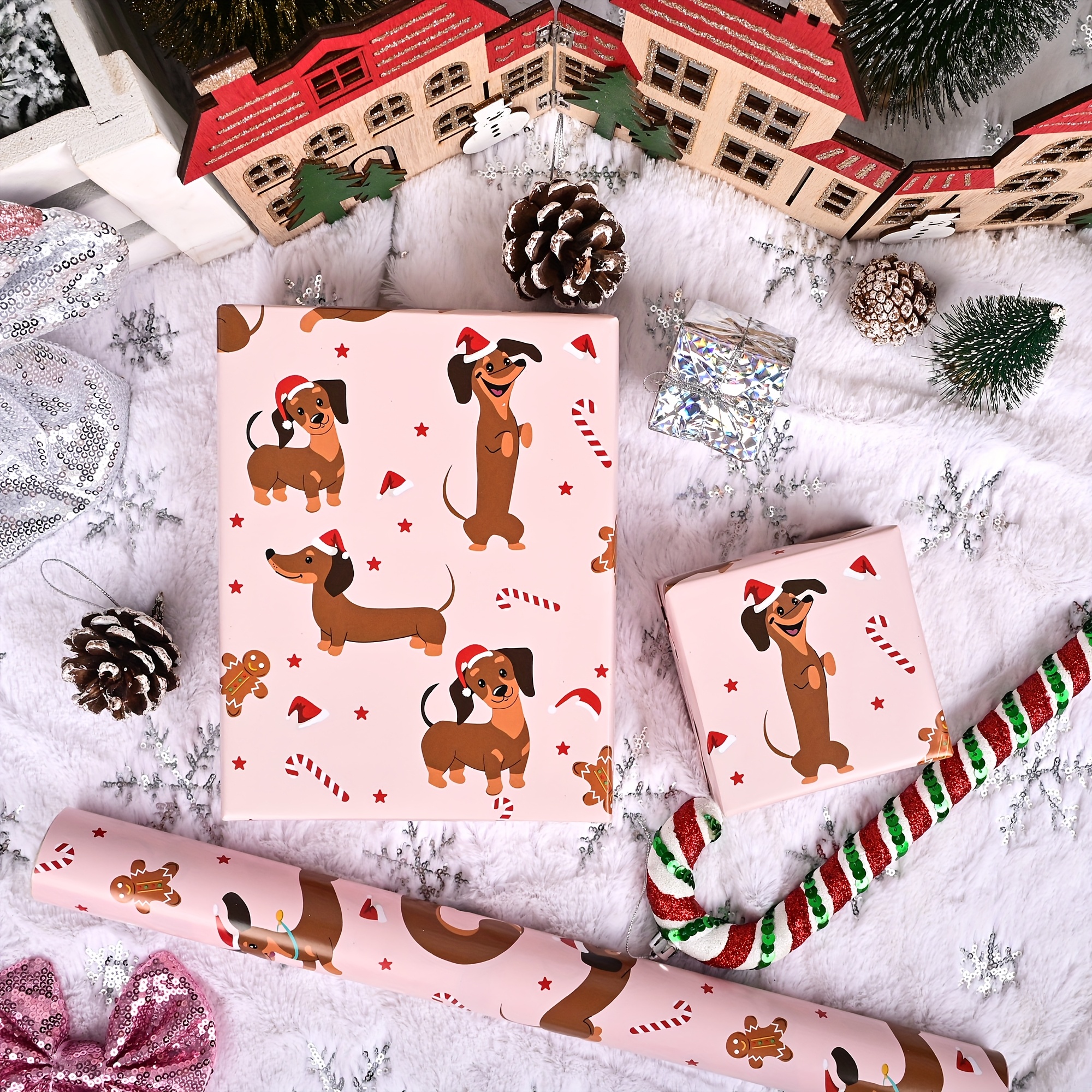 Image of Roll Of Christmas Wrapping Paper Featuring A Pink Dachshund Design, Perfect For Holiday Gifts And Celebrations, Covering A Total Of 28.5