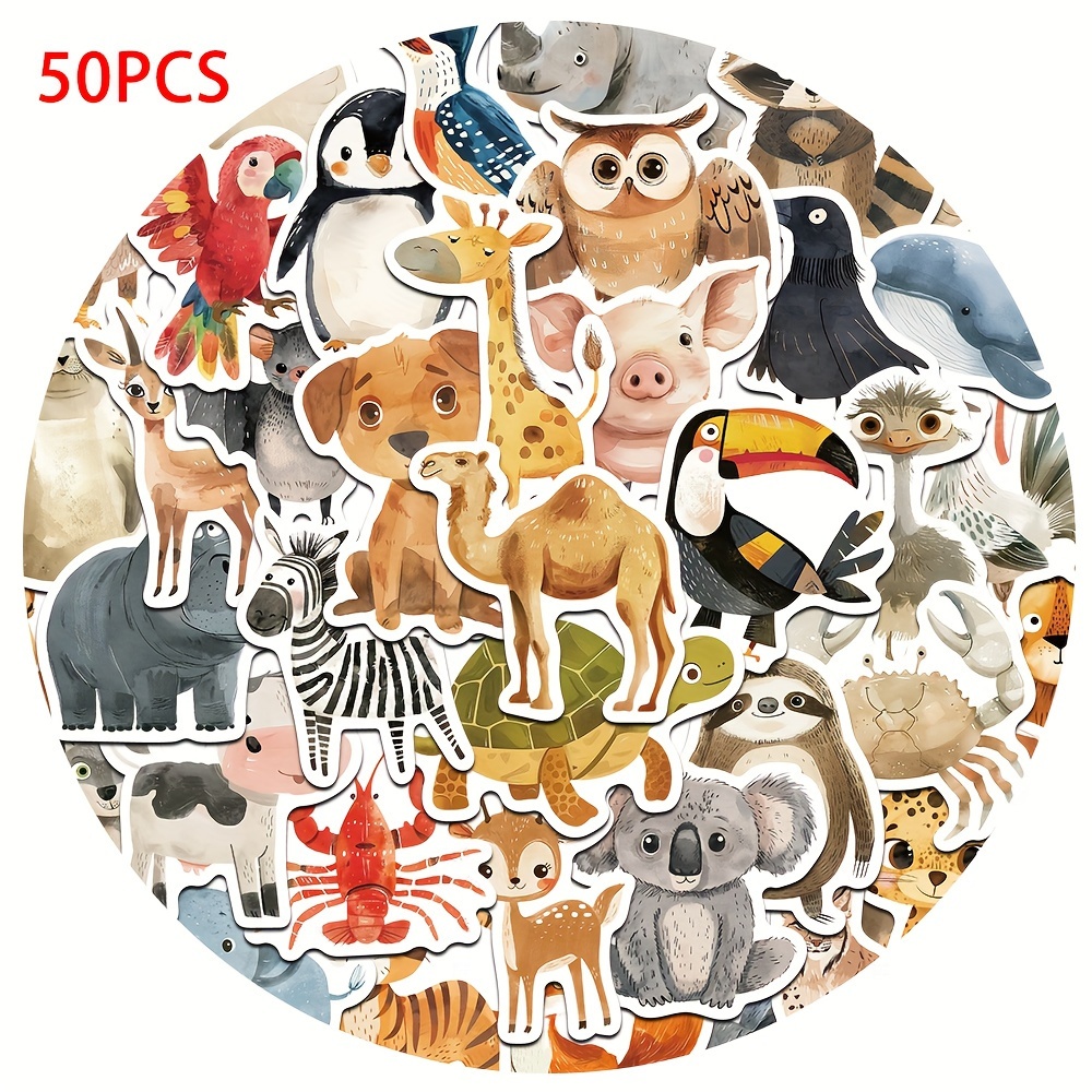 Gutbd 50pcs ' Hand-drawn Animal Cartoon Stickers - Cute Watercolor Diy Decals For Laptops, Water Bottles, Skateboards, Guitars & Travel Cases, , Pvc Material, Self-adhesive Design, Funny Stickers