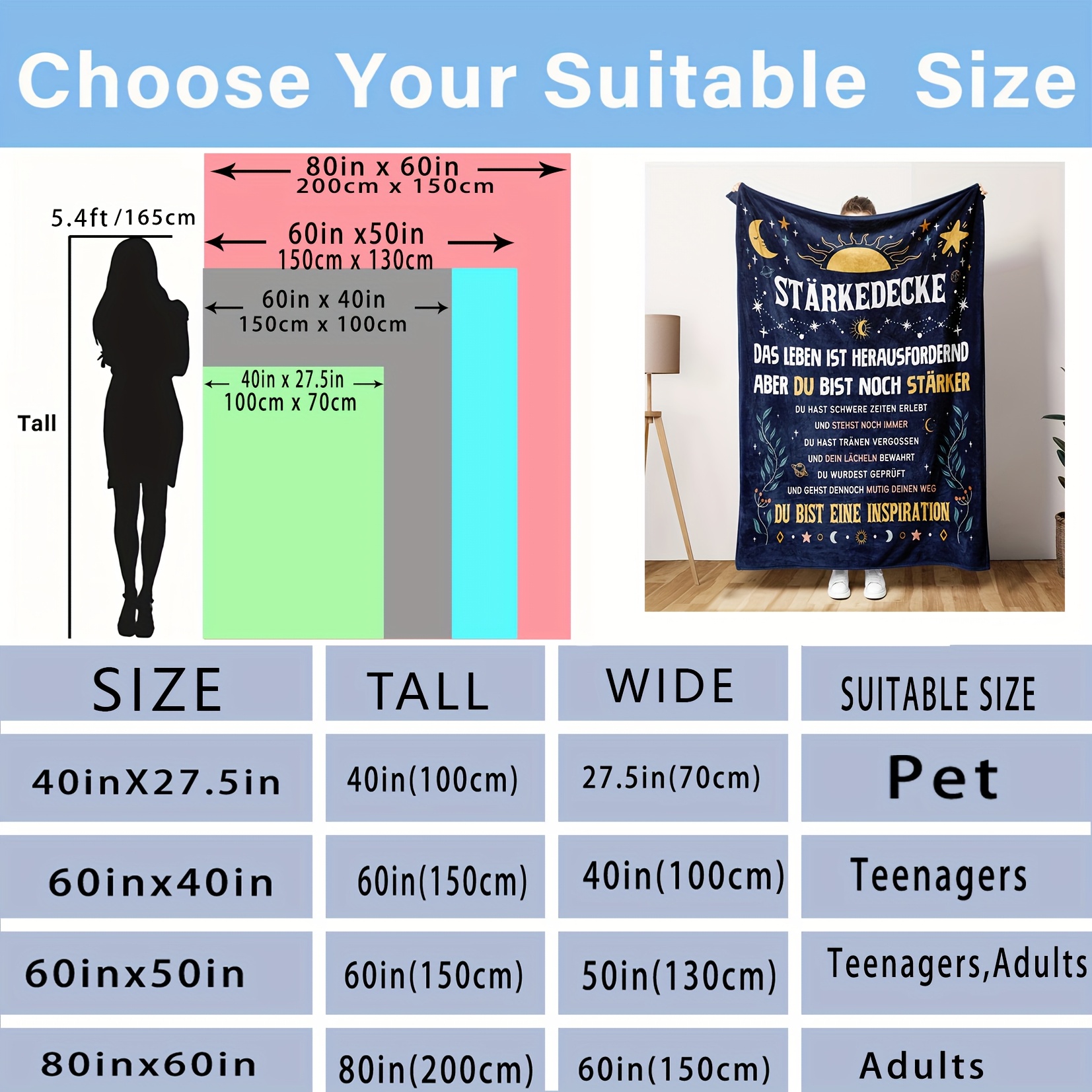 Image of 1pc German Inspirational Flannel Blanket For Women - Design With Motivational Quotes, Soft Throw Gift For Girlfriend, Best Friend, Sister, Colleague (machine Washable), Whimsical Celestial Design