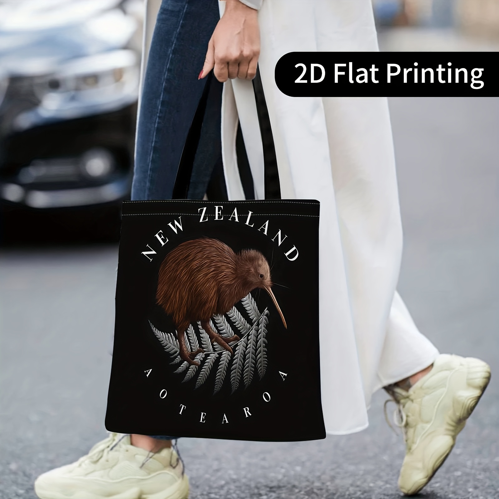 TEMU Kiwi Bird, Fern Leaves, New Zealand Text Cute Tote Bag Print Colorful Shoulder Bag Suitable Outdoor Shopping Suitable Gatherings Holiday Events