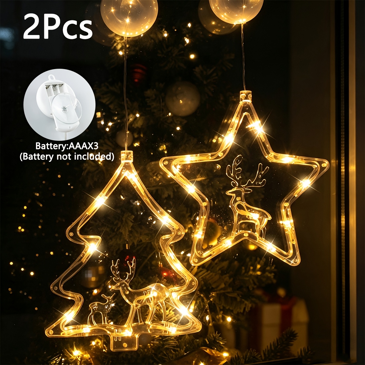 TEMU 2pcs, Window Lights Sucker Star Tree Deer, Christmas Decorations, String Lights, Warm White And Multicolor, Christmas Lights, Battery Powered,