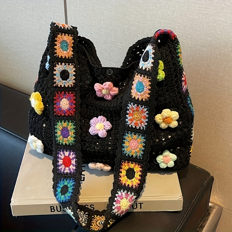 TEMU Boho Vintage Hollow Floral Color Block Messenger Bag, Mixed Fabric With Buttons, Hand Washable , Ideal Casual Fashion Accessory For Women; Bags