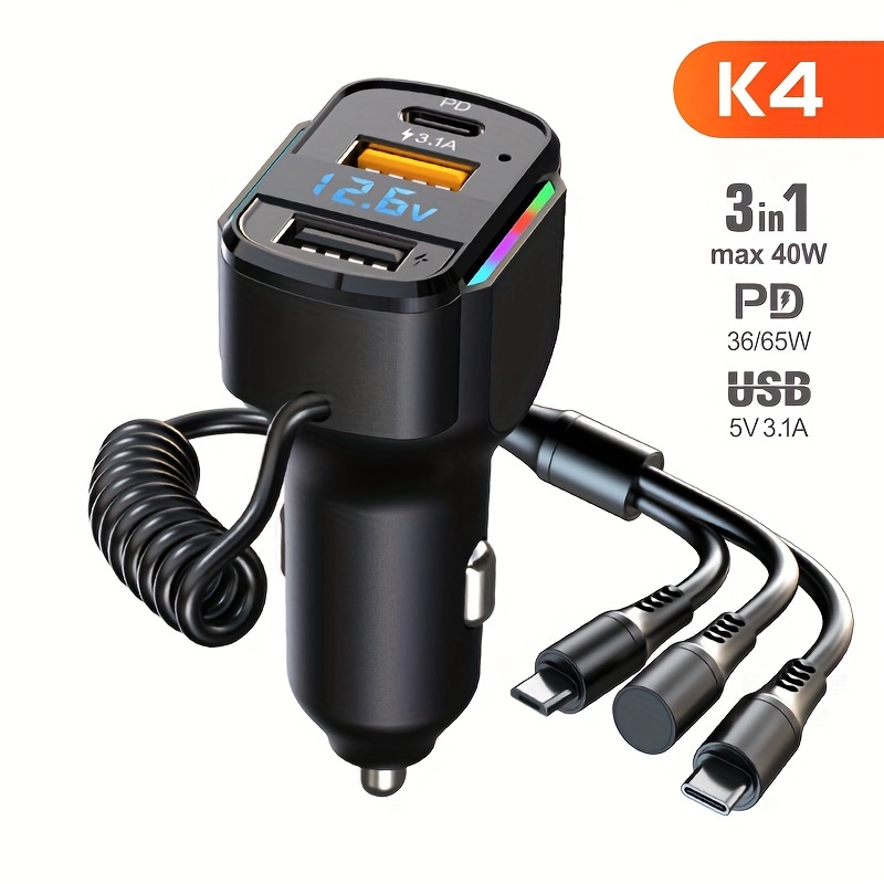 

65w 3-port Usb Pd Fast Car Charger (k4) Qc3.1 Type C 3-in-1 Car Charger 2 Usb Charging + 1 Type C Fast Charging Micro Usb Type C