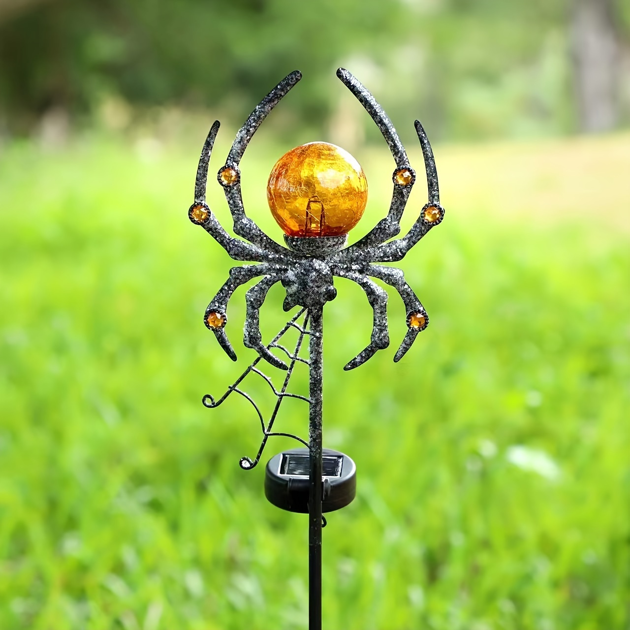 

1pc Solar-powered Spider Garden Stake Light, Metal Iron Art, Rustic Outdoor Lawn Decor, Led Illumination, Festive Yard Accent With Glowing Ball