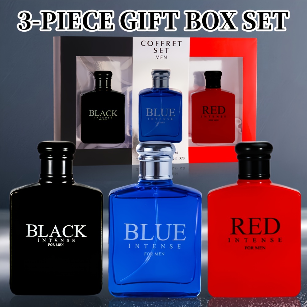 A Set Of 3 Men's Colognes (red/ Black/ Blue Bottles, Sold Separately), With Rich Fragrance, Showcasing Individual Charm And Mature Mysterious Temperament.