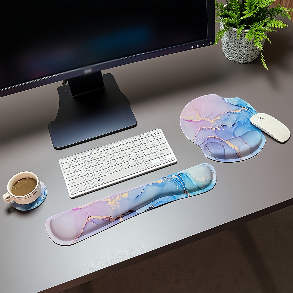 3pcs mouse pad with wrist support ergonomic mouse pad with memory foam wrist rest cushion non slip rubber   mice pad for home office computer laptop green marble Product details 4