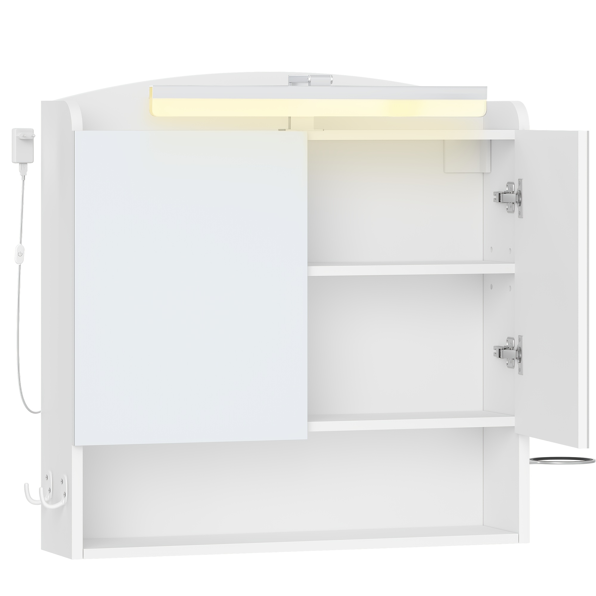 Bathroom Mirror Cabinet With Lighting | Medicine Cabinet, Wall Cabinet With Mirror, Hairdryer Holder And Hooks, Socket, Adjustable Shelves, White, 16.5 X 70 X 75 Cm - Hzuaneri