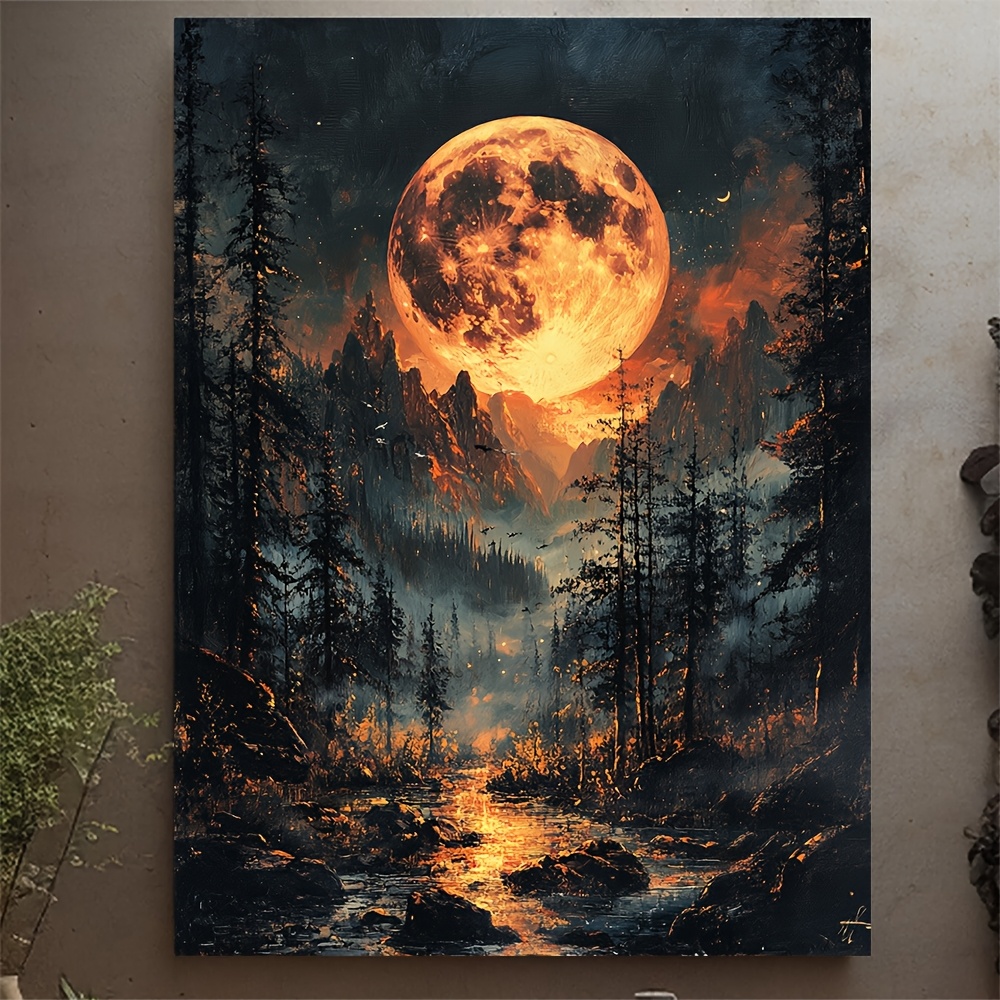 TEMU 2d Flat, 2d Flat, 1pc Mystical Forest Canvas Art With, 30.48x40.64cm - Night Scene Featuring , Pine Trees And , Witchy Wall Decor For Halloween,
