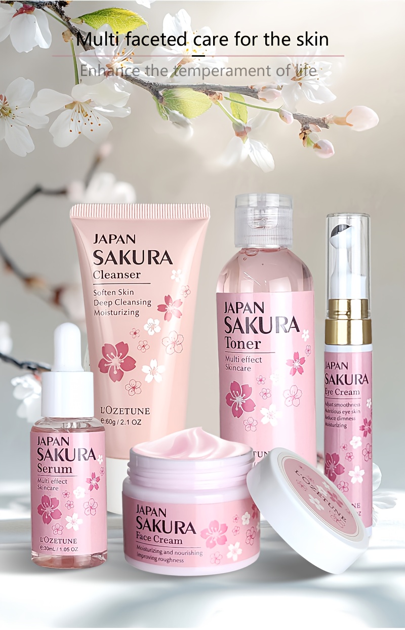 Cherry Blossom Skincare and Beauty Care Set, Includes Moisturizing Toner, Eye Cream, Facial Cleanser, Face Cream, and Cherry Blossom Essence. Suitable for All Skin Types: Dry, Normal, and Combination. Ideal for Post-facial Hair Removal Beauty Care.