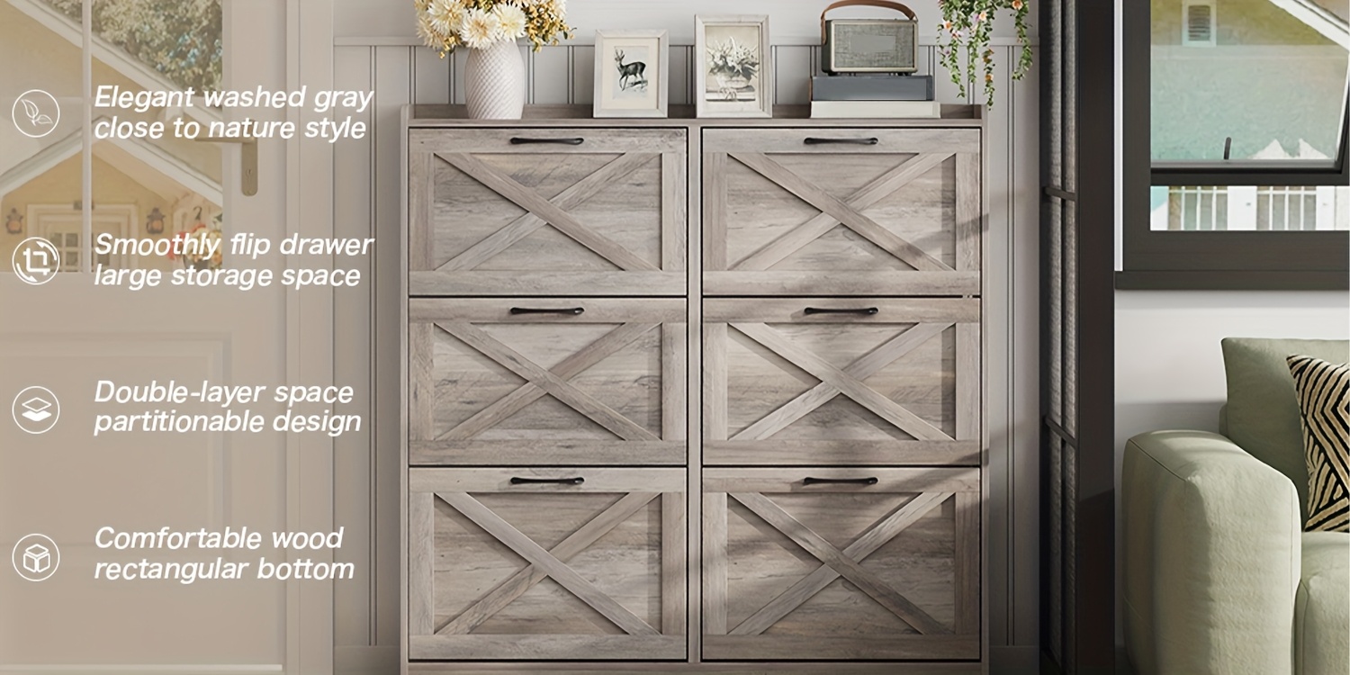Washed Gray Shoe Storage Cabinet with 6 Flip Drawers | Narrow Freestanding Shoe Cabinet and Shoe Storage Organizer with Metal Handles for Entryway, Large Shoe Rack Organizer, Modern Farmhouse Style, Ideal for Shoe Racks, Made of Particle Board