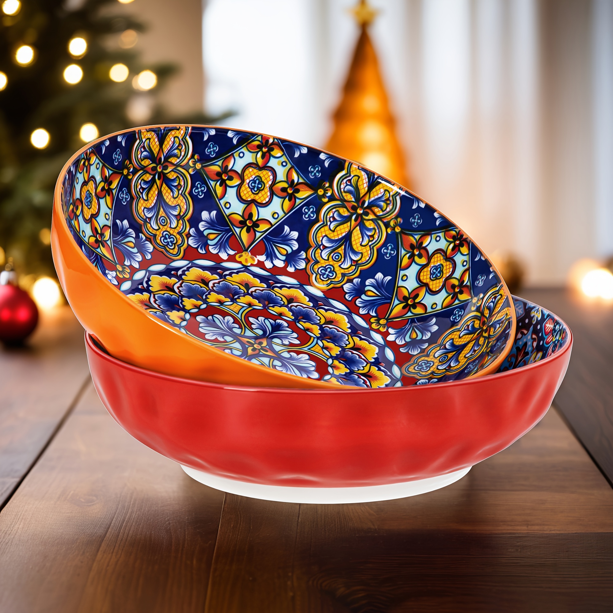 E-shop 78oz Pasta-Schüsseln Set aus 2, Bohemian Porzellan Große Salatschüsseln, Große Orange+Rote Servierschüsseln für die Küche, Spülmaschinen- &