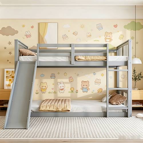 twin over twin bunk bed frame with slide and ladder sturdy bed with safety noise reduced design spring required bedroom furniture gray