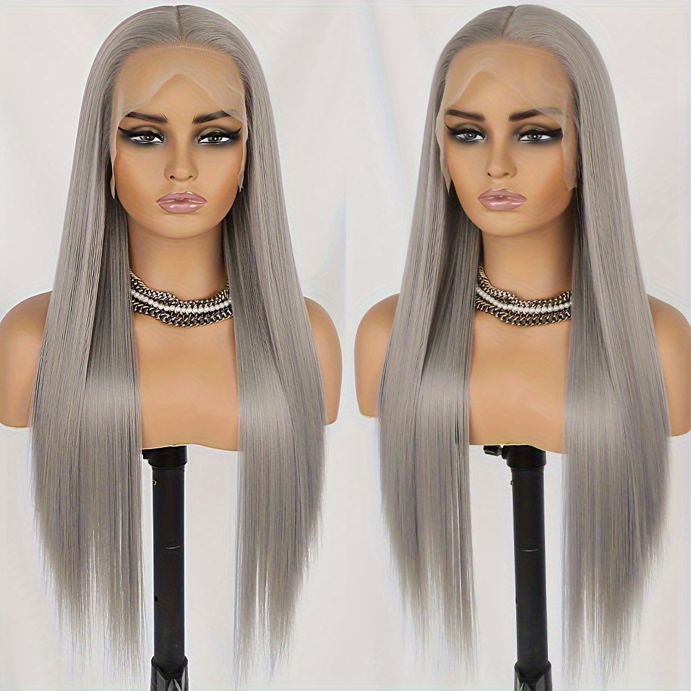 

26 Inch Long Front Wig Free Parting Gray Lace Front Synthetic Wig Glueless Heat Resistant Fiber Hair Wig For Women Cosplay Use