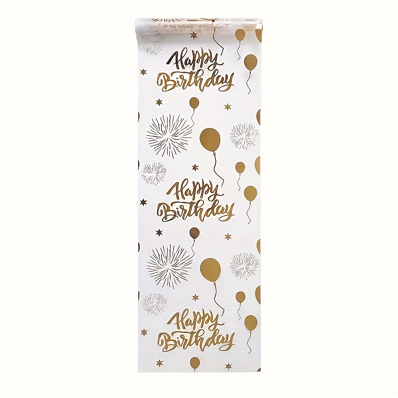 One-pack White And Fireworks Birthday Table Flag, 28*275cm, White And Black Foil Glitter Happy Birthday Desktop Decoration For Party Kitchen Decor