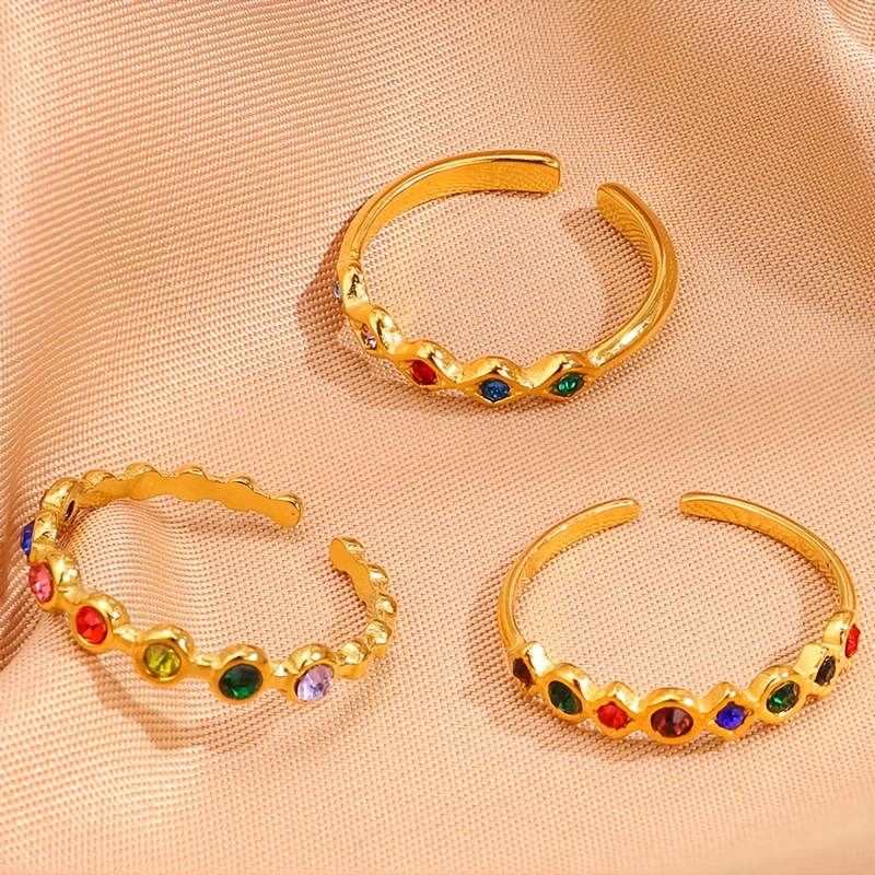 TEMU 3pcs Elegant Golden-plated Stainless Steel Rings With Synthetic Zirconia, Waterproof & Hypoallergenic - Ideal Gift For Girlfriend, & Holiday