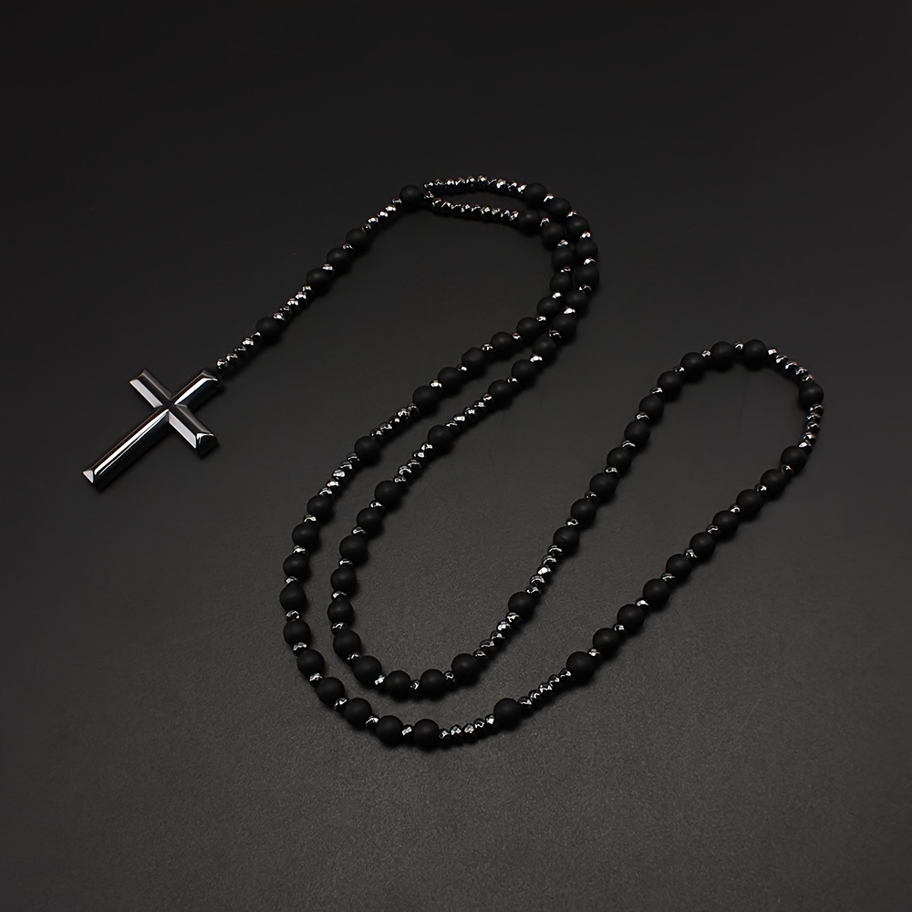 

Matte Black Beads Long Chain Necklace, Cross Pendant Necklace For Men