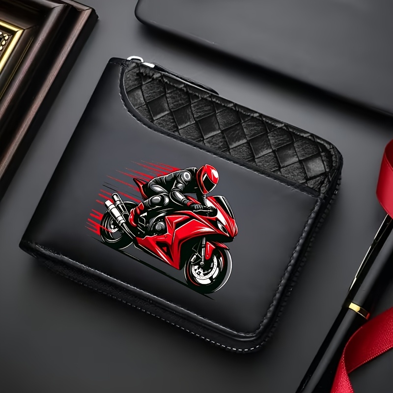 TEMU Men's Motorcycle Rider Pattern Printed Wallet - Portable Coin Purse And Card Holder With Zipper, Suitable For Daily Use/gifting