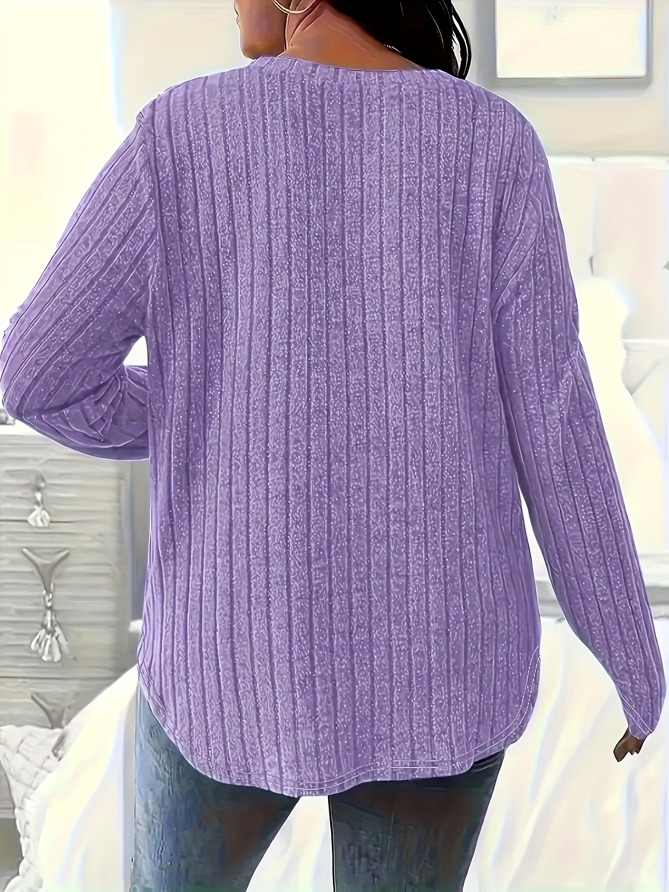Plus Size, Women's Plus Size V-Neck Long Sleeve Blouse - Elegant Non-See-Through Tops, Machine Washable Loose Fit Shirt for Everyday & Formal Outfits - All-Season Women's Clothing, Versatile Top, Ribbed Texture, Comfortable Material, Stylish Women, Office Wear, Durable Material, Office Attire