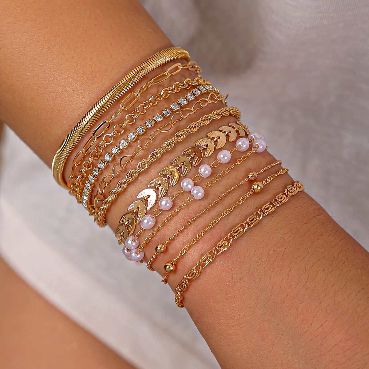 12pcs Elegant Faux Wheat Chain Multi-Layer Bracelet Set with Rhinestones