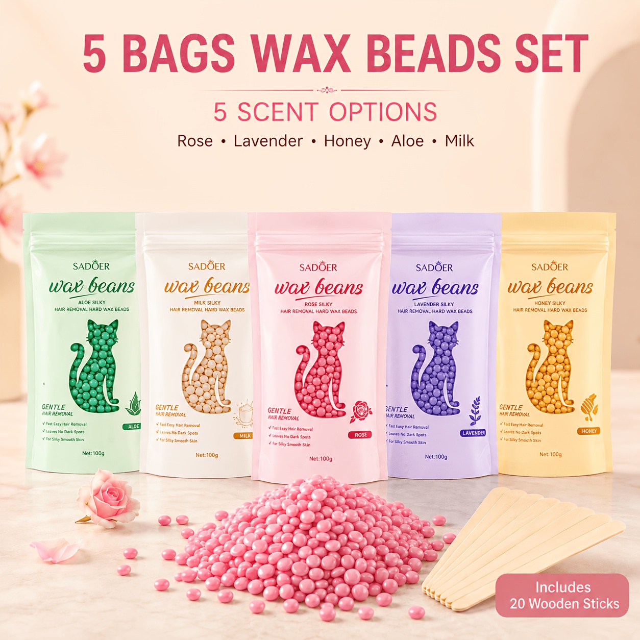 TEMU 5pcs Hair Removal Wax Beans Set, Hard Wax Beans, Suitable For Brazilian Waxing, Face, Bikini Line, Eyebrows And Legs, Unisex For Home Use, 100g