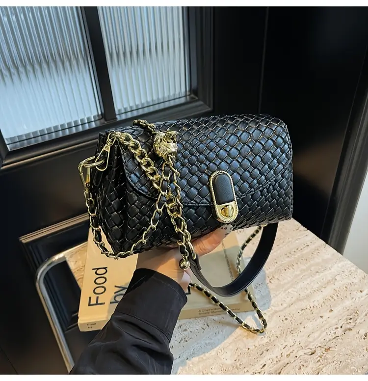 chic black woven crossbody bag for women versatile shoulder bag with detachable strap zip closure hardware casual or formal outfits Product details 10