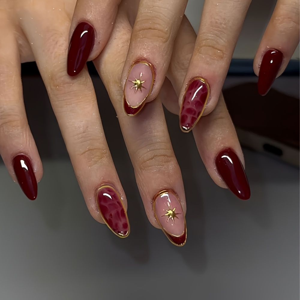 TEMU 24pcs Almond-shaped 3d Gel Nail Charms, Starry, French Nails, Leopard Patterns And More Nail Designs, Perfect For Acrylic Nails. Burgundy And