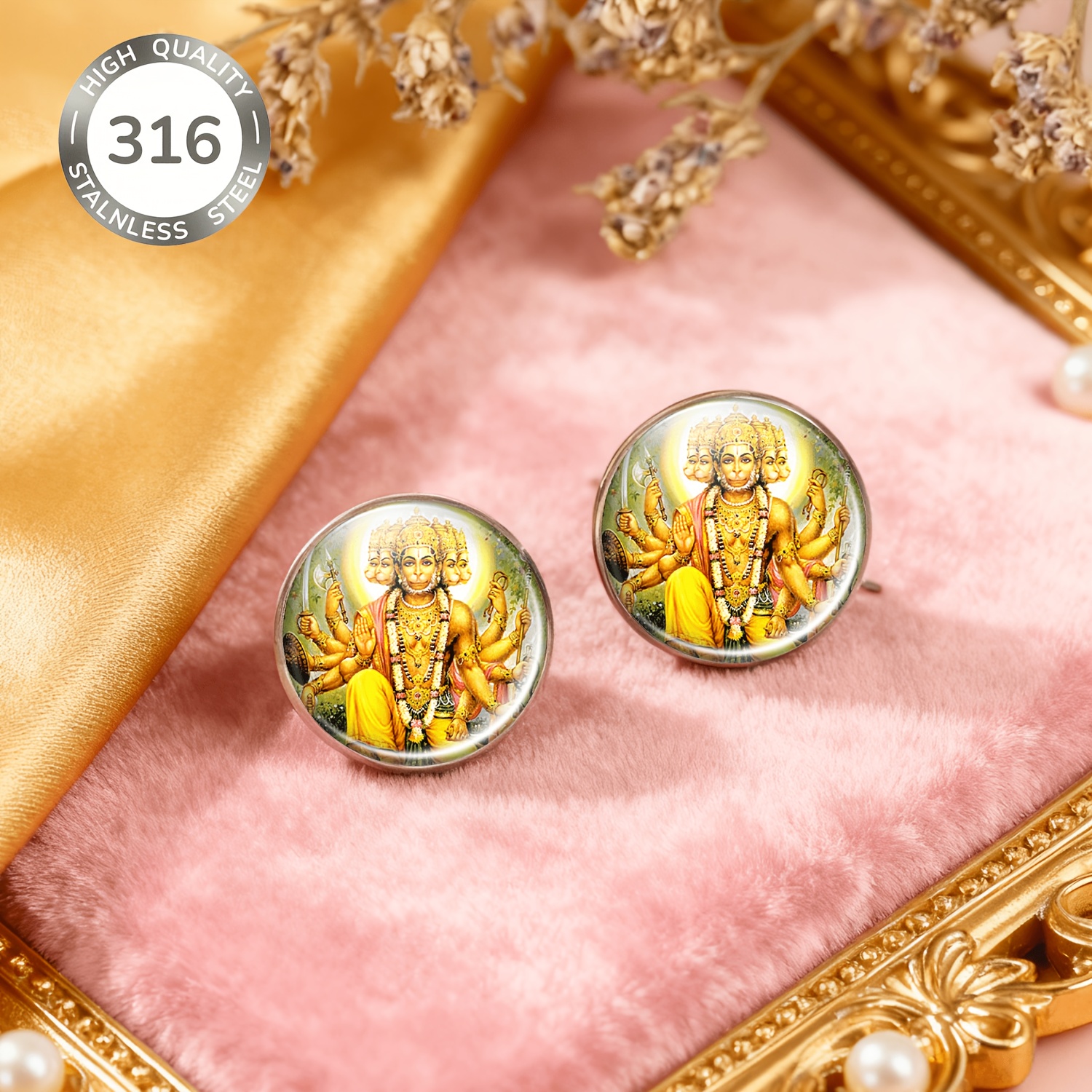 2pcs Set Hanuman No-Piercing Ear Studs, Gold