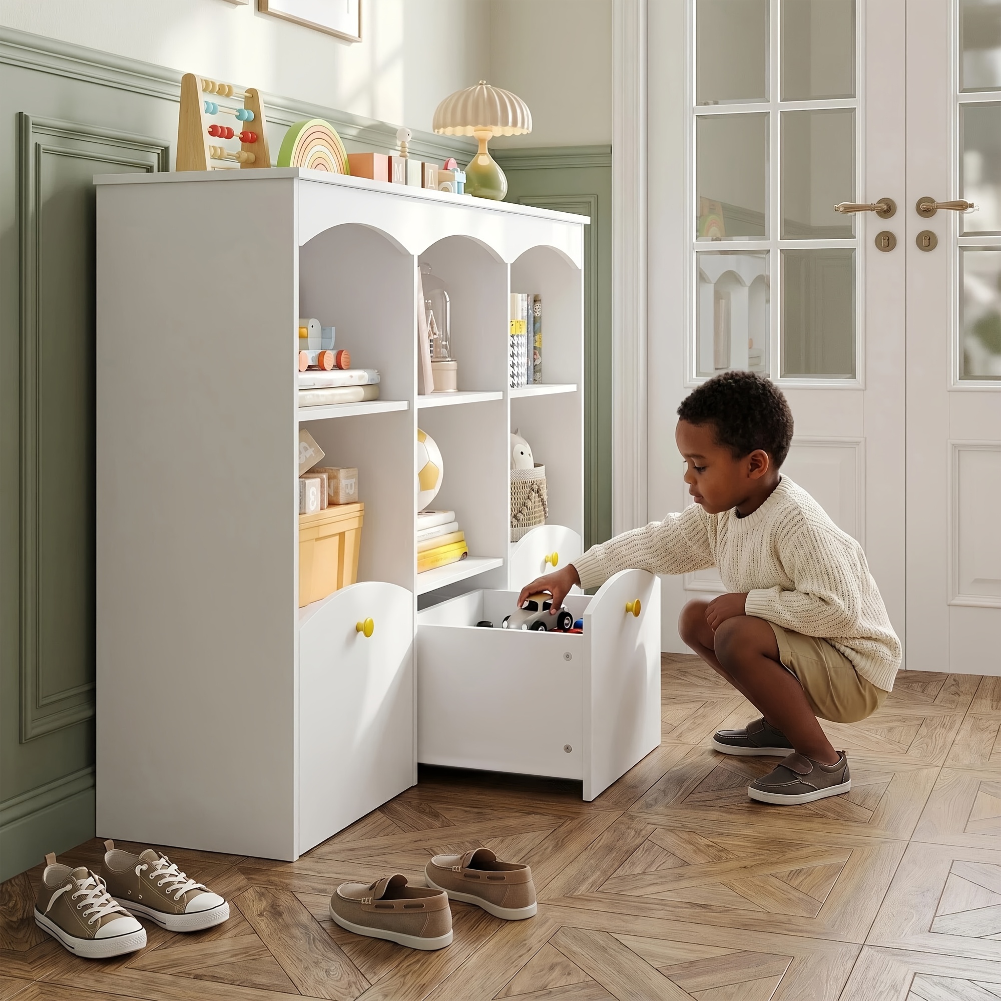 Image of Curved Growth Storage Cabinet, 81cm High, With Wheels, Drawers, And Shelf, Tiered , Warm And Style, Suitable For Room Playroom Soft Furnishings And Decorations