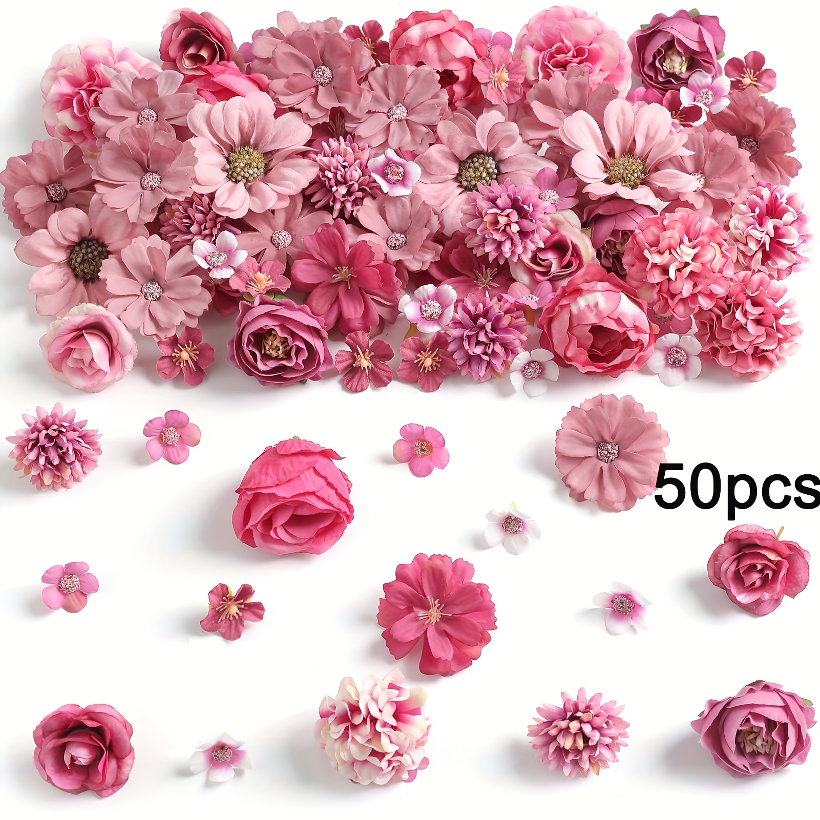 E-shop 50 Stk. FLORA Seiden-Kunstblumenköpfe - Mini-Mehrfarbige Pfingstrosen-Gänseblümchen-Rosenstrauß für DIY-Bastelarbeiten, Hochzeitsdekoration,