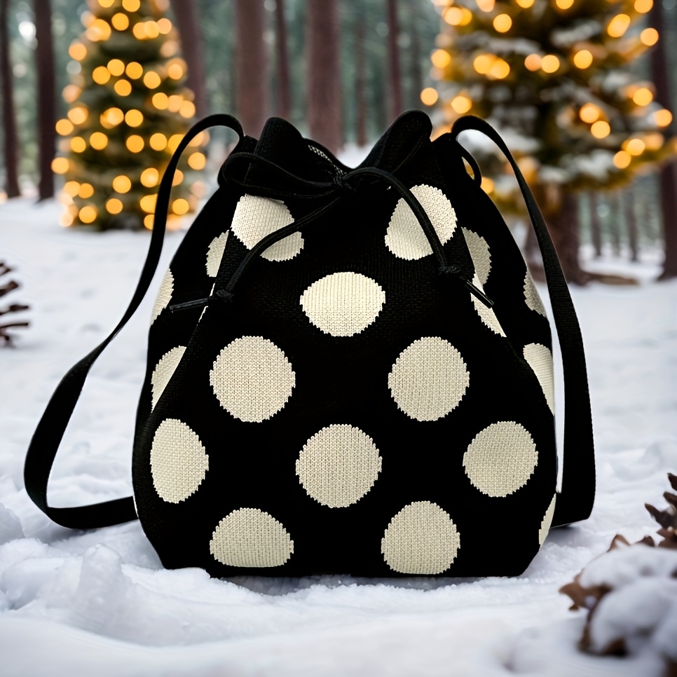 TEMU [1pc Polka Dot Crossbody Bag] Casual Geometric Polka Dot Crossbody Bag For Women, Polyester, Black & White, With Fixed Shoulder Straps, Drawstring Closure, Unlined, For Gift-ready