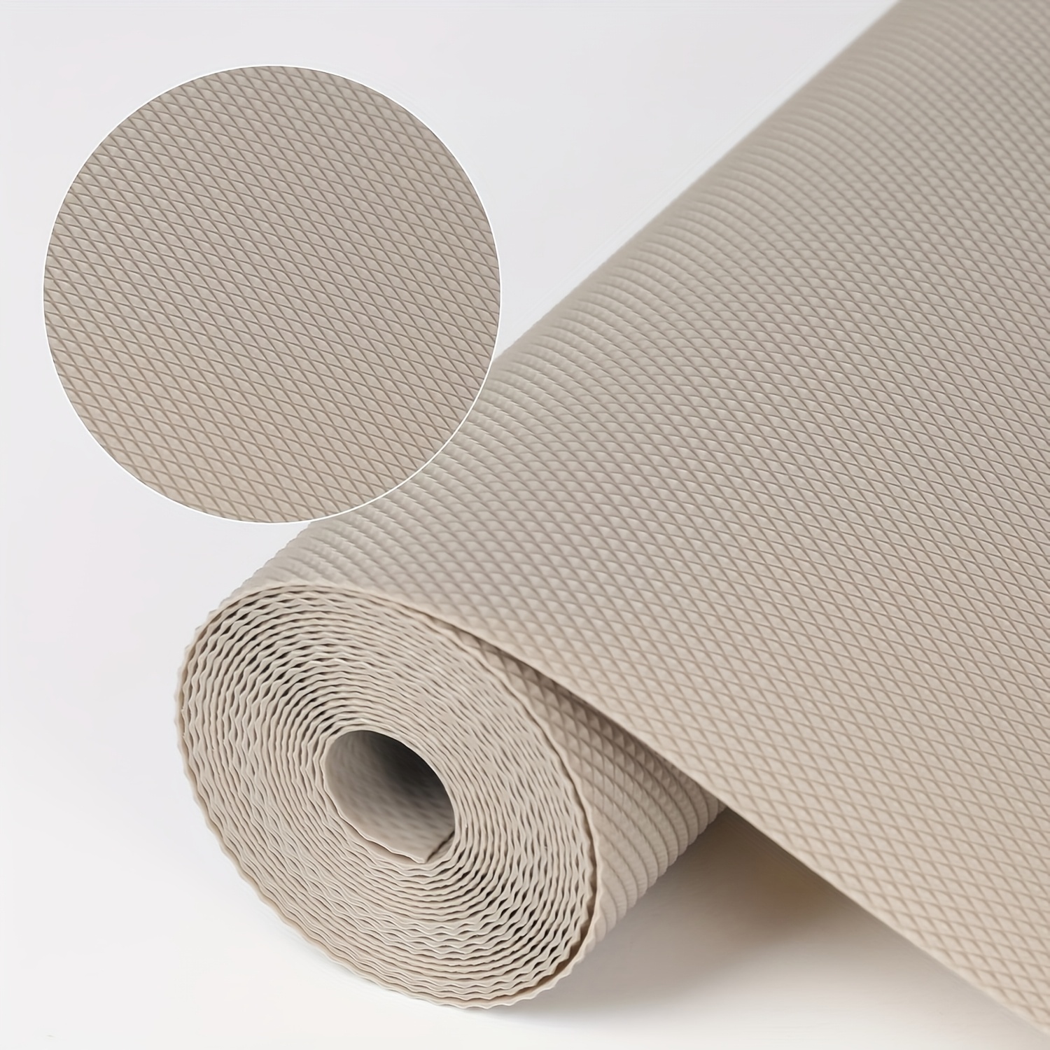 TEMU 1 Roll Thick Eva Cabinet Drawer Mat - No Glue Slip Khaki Diamond Pattern Kitchen Bathroom Refrigerator Storage Protection Mat, Kitchen Finishing