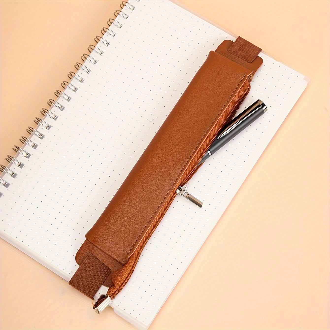 

1pc Pu Leather Notebook With Band - Single Pen Holder Sleeve With Zipper Storage